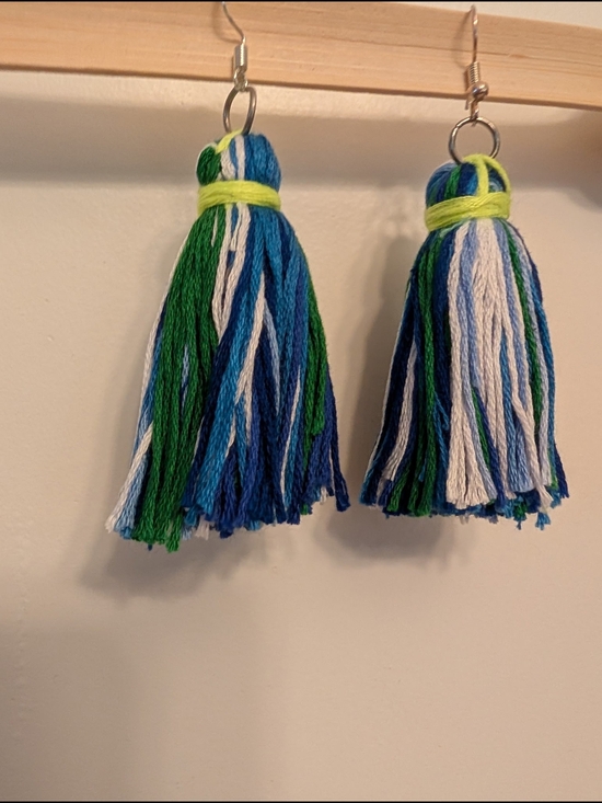 Cheerings Jewelry - Handmade Blue, Green & White Tassel Earrings